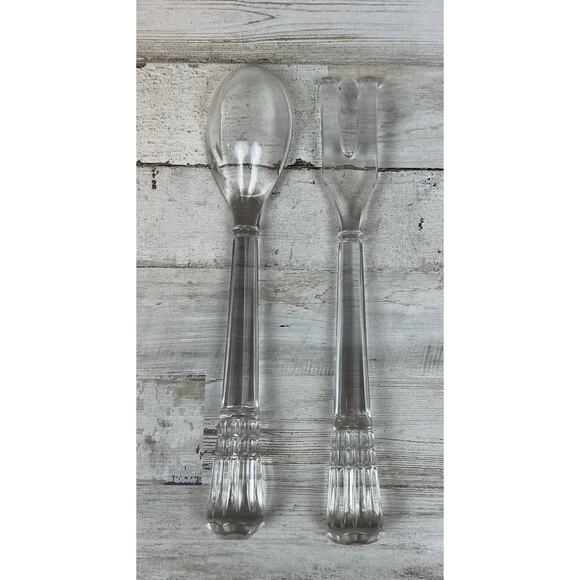 VINTAGE Glass Crystal Salad Server Set Spoon Fork 9.5" Faceted Handle Pair - Picture 2 of 3